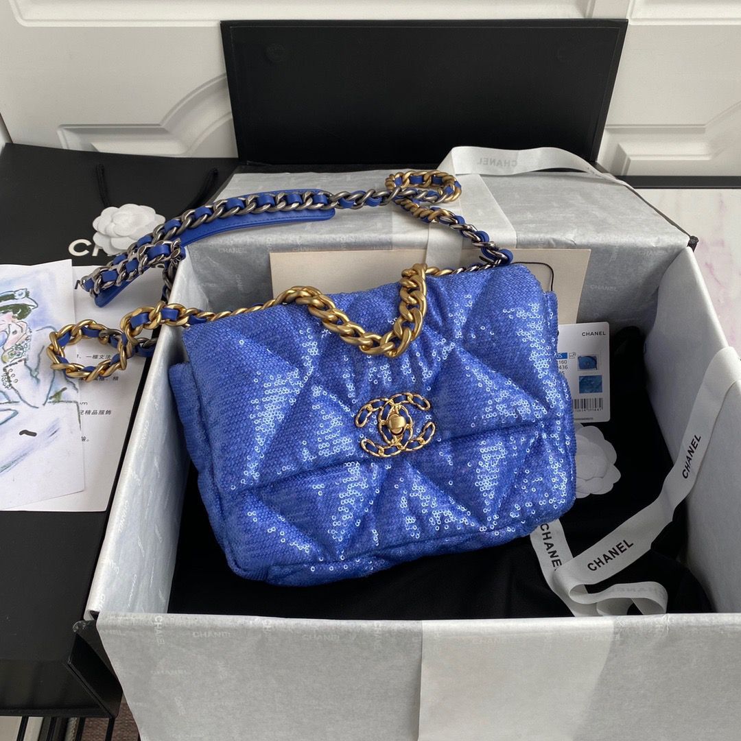 Chanel 19 Flap Bag Original Beads Leather AS1160 Blue