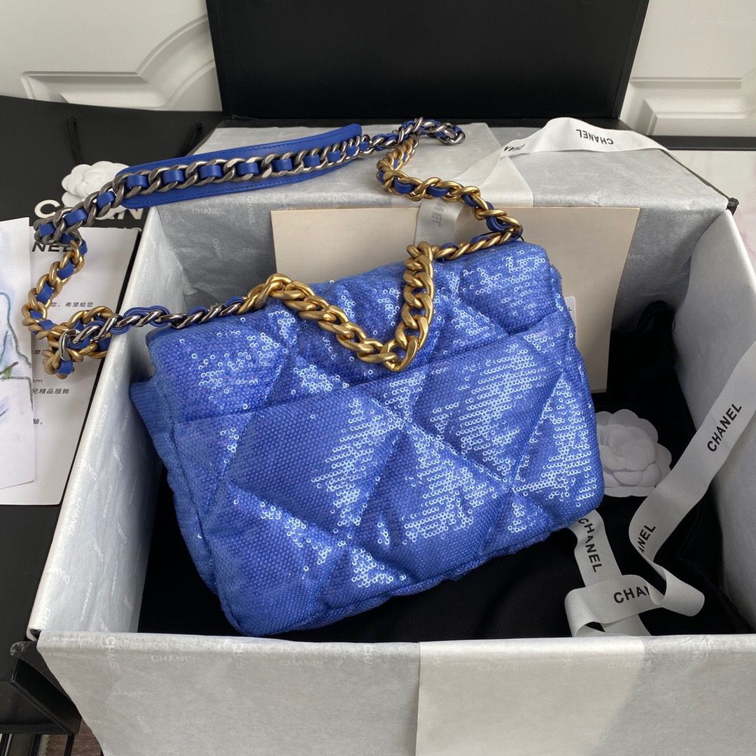 Chanel 19 Flap Bag Original Beads Leather AS1160 Blue
