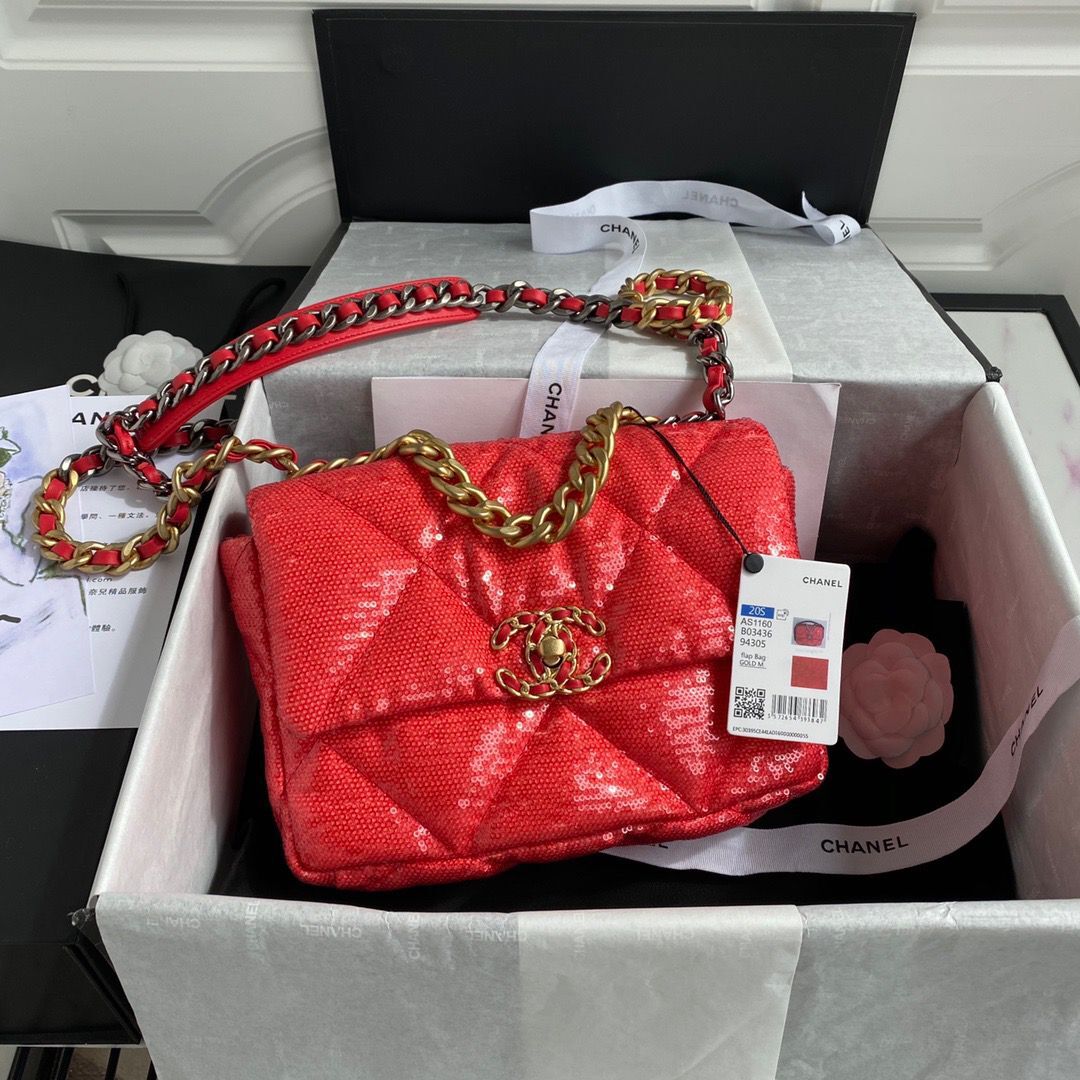 Chanel 19 Flap Bag Original Beads Leather AS1160 Red