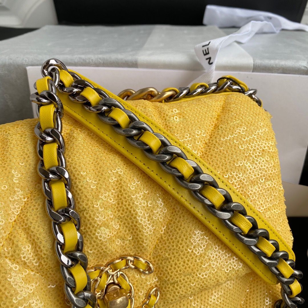 Chanel 19 Flap Bag Original Beads Leather AS1160 Yellow