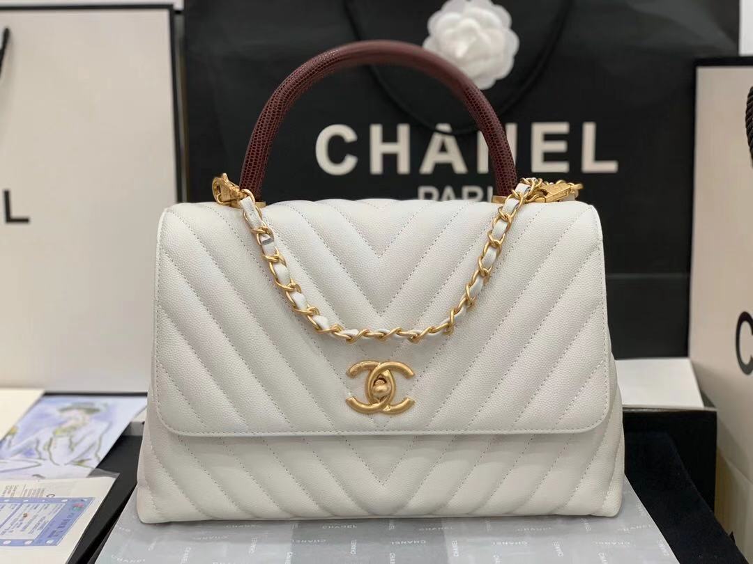 Chanel flap bag with red top handle V92991 white