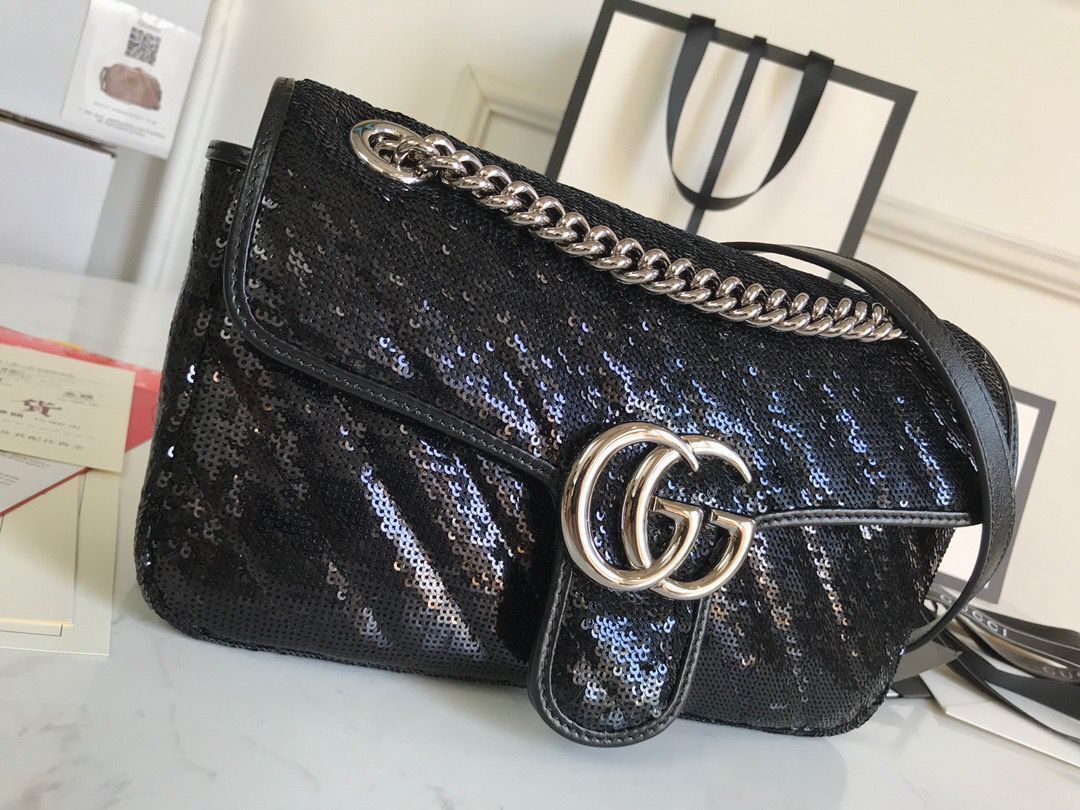 Gucci GG Marmont Sequin Mormont Small Shoulder bag 443497 Black