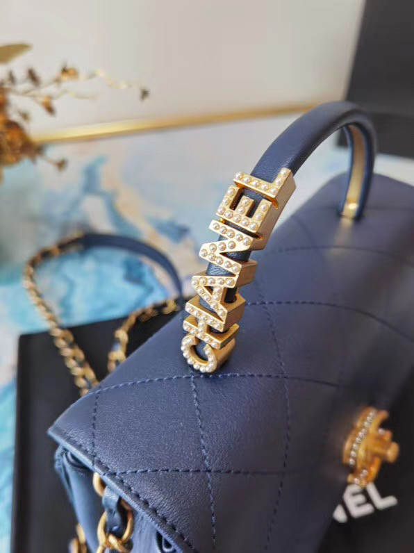 Chanel small tote bag Sheepskin & Gold-Tone Metal AS2059 blue