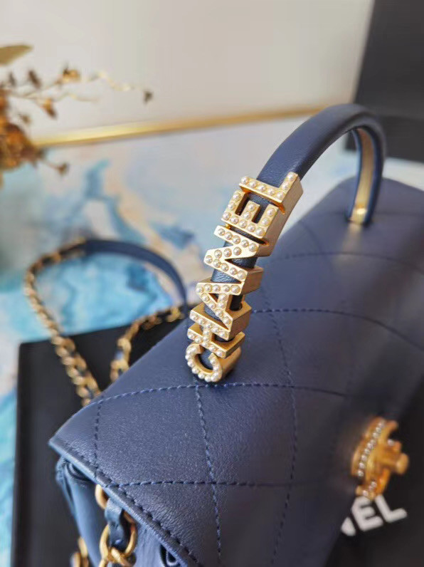 Chanel small tote bag Sheepskin & Gold-Tone Metal AS2059 blue