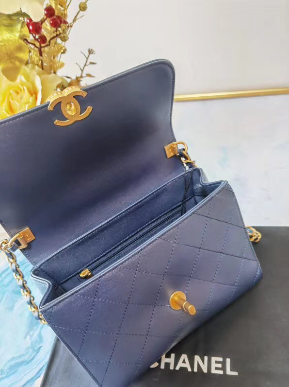 Chanel small tote bag Sheepskin & Gold-Tone Metal AS2059 blue