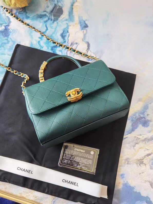 Chanel small tote bag Sheepskin & Gold-Tone Metal AS2059 green