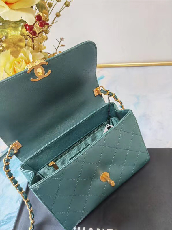 Chanel small tote bag Sheepskin & Gold-Tone Metal AS2059 green
