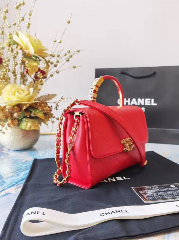 Chanel small tote bag Sheepskin & Gold-Tone Metal AS2059 red