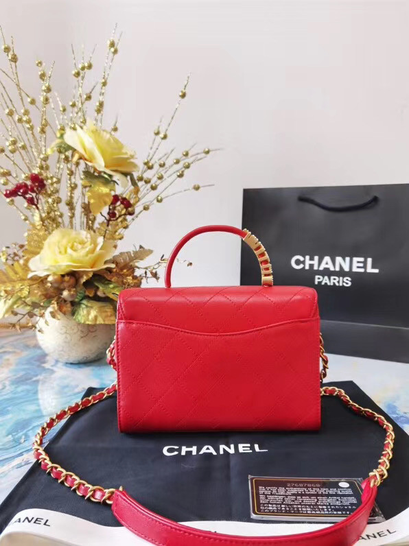 Chanel small tote bag Sheepskin & Gold-Tone Metal AS2059 red