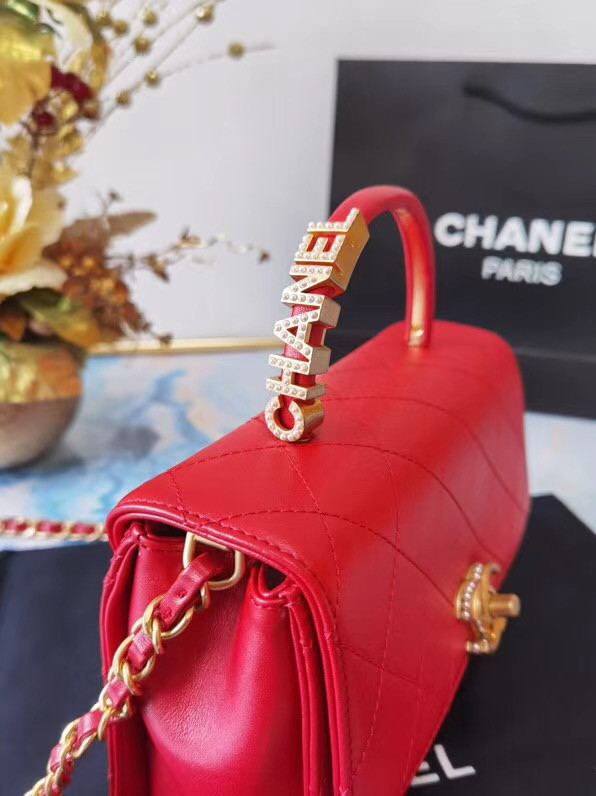 Chanel small tote bag Sheepskin & Gold-Tone Metal AS2059 red