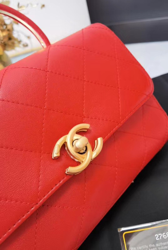 Chanel small tote bag Sheepskin & Gold-Tone Metal AS2059 red