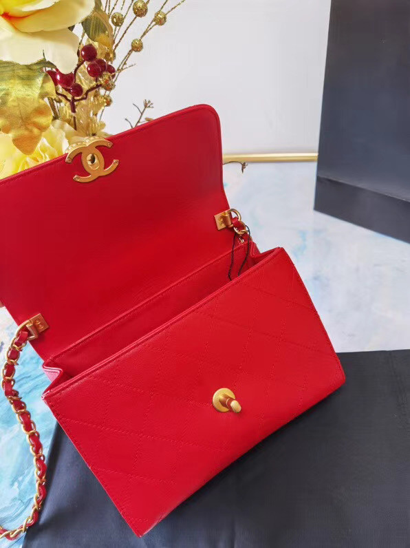 Chanel small tote bag Sheepskin & Gold-Tone Metal AS2059 red