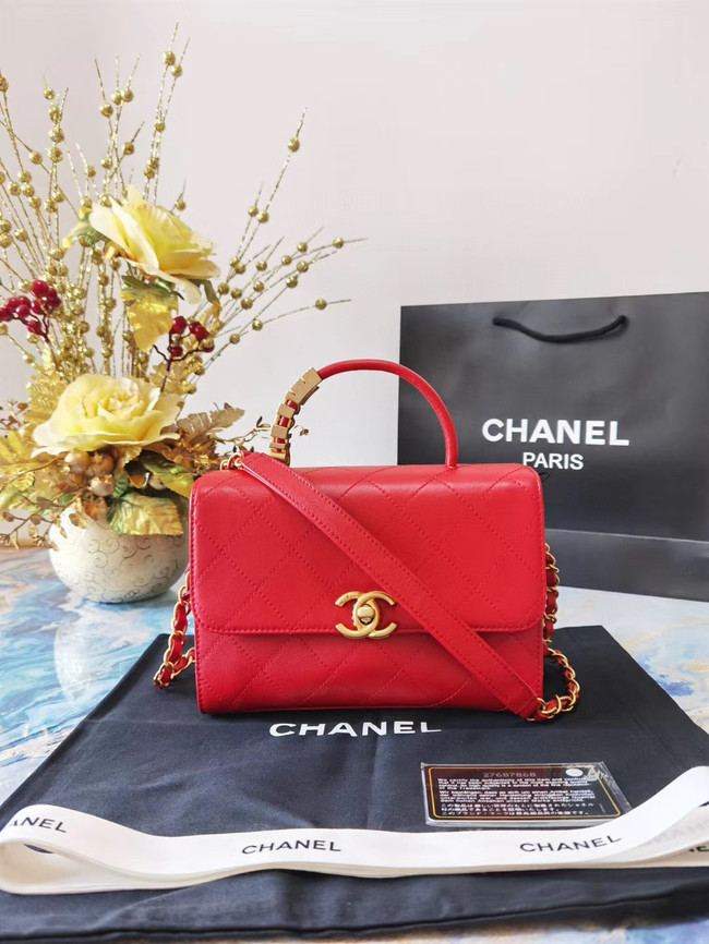 Chanel small tote bag Sheepskin & Gold-Tone Metal AS2059 red
