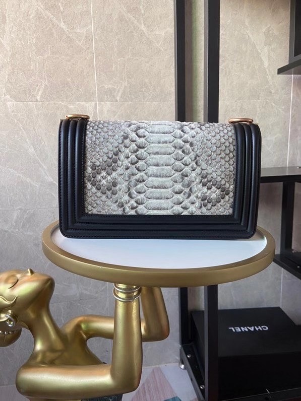 Boy Chanel Flap Shoulder Bag original Snake leather AS67086 grey