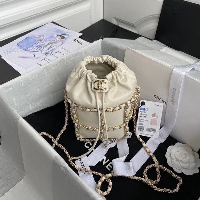 Chanel small drawstring bag Lambskin & Gold Metal AS2313 white