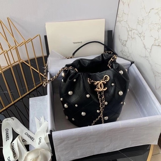 Chanel small drawstring bag Lambskin & Gold Metal AS2322 black