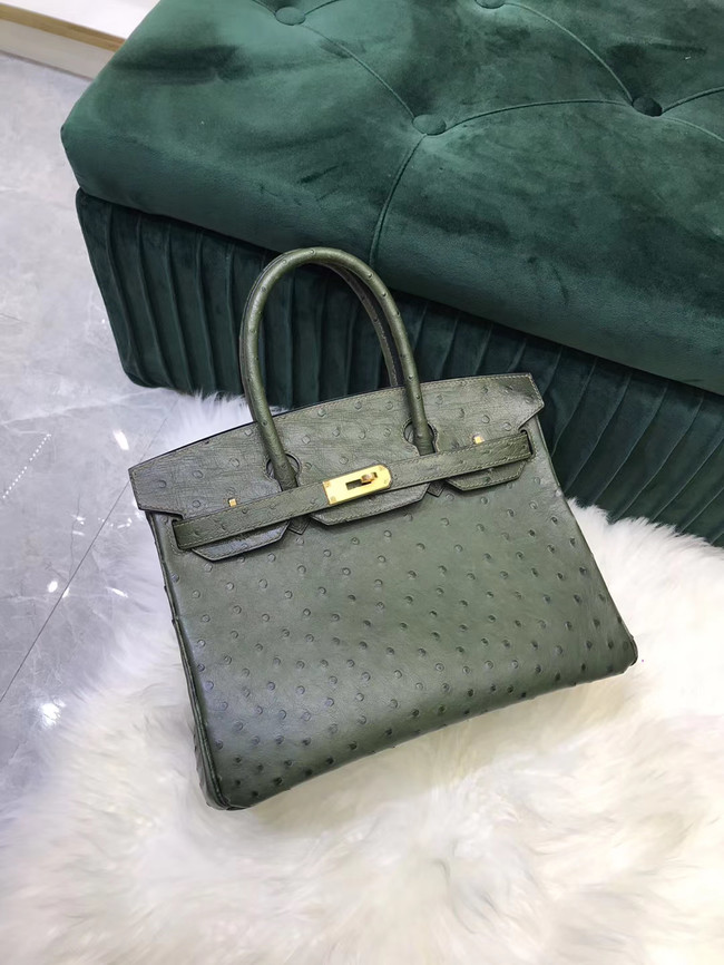 Hermes Birkin Bag Original Leather Ostrich skin HBK2530 blackish green