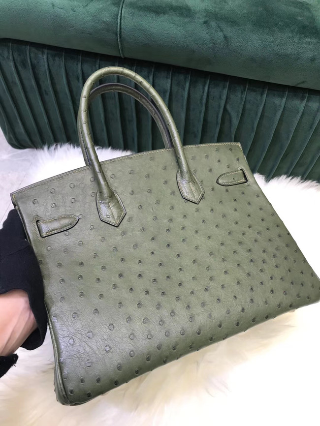 Hermes Birkin Bag Original Leather Ostrich skin HBK2530 blackish green