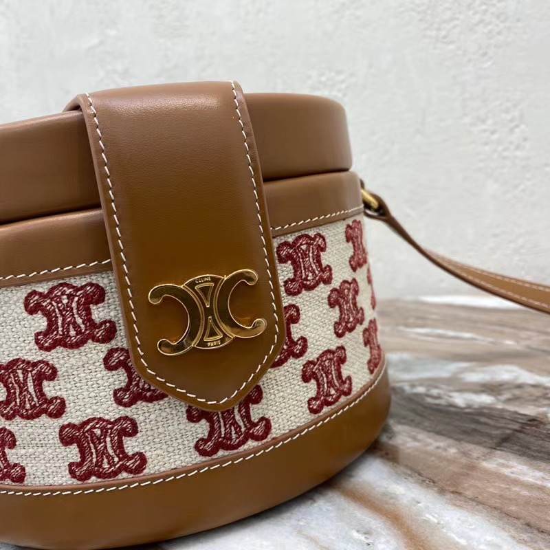 CELINE MEDIUM TAMBOUR BAG IN TEXTILE WITH TRIOMPHE EMBROIDERY 195192 brown&red