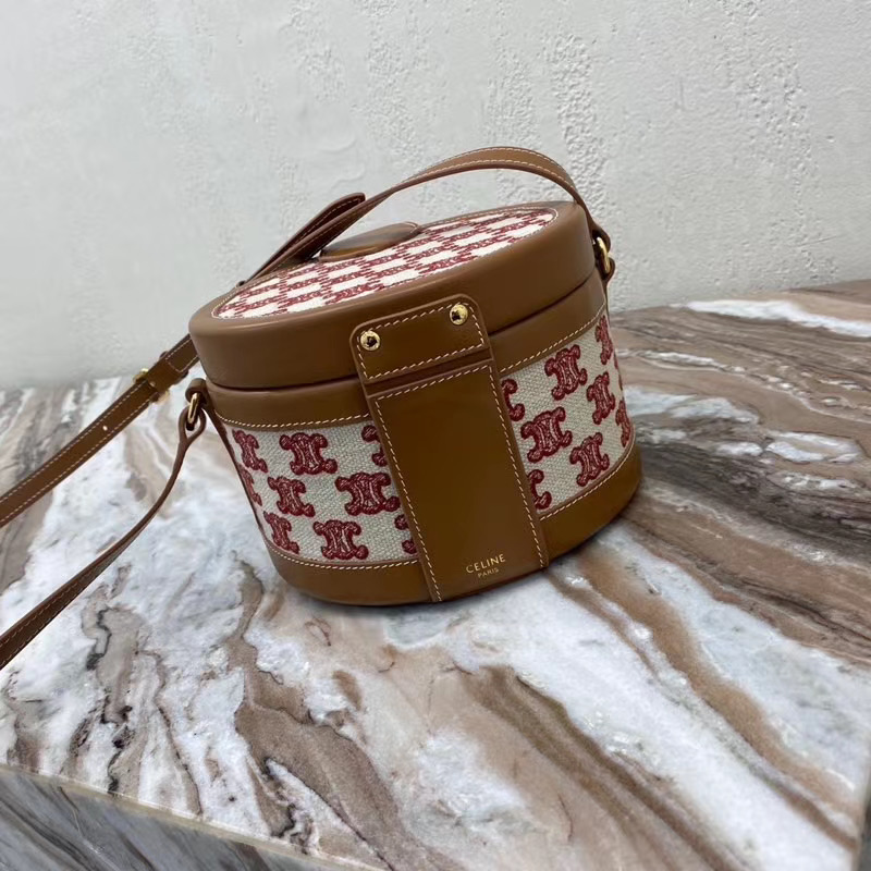 CELINE MEDIUM TAMBOUR BAG IN TEXTILE WITH TRIOMPHE EMBROIDERY 195192 brown&red