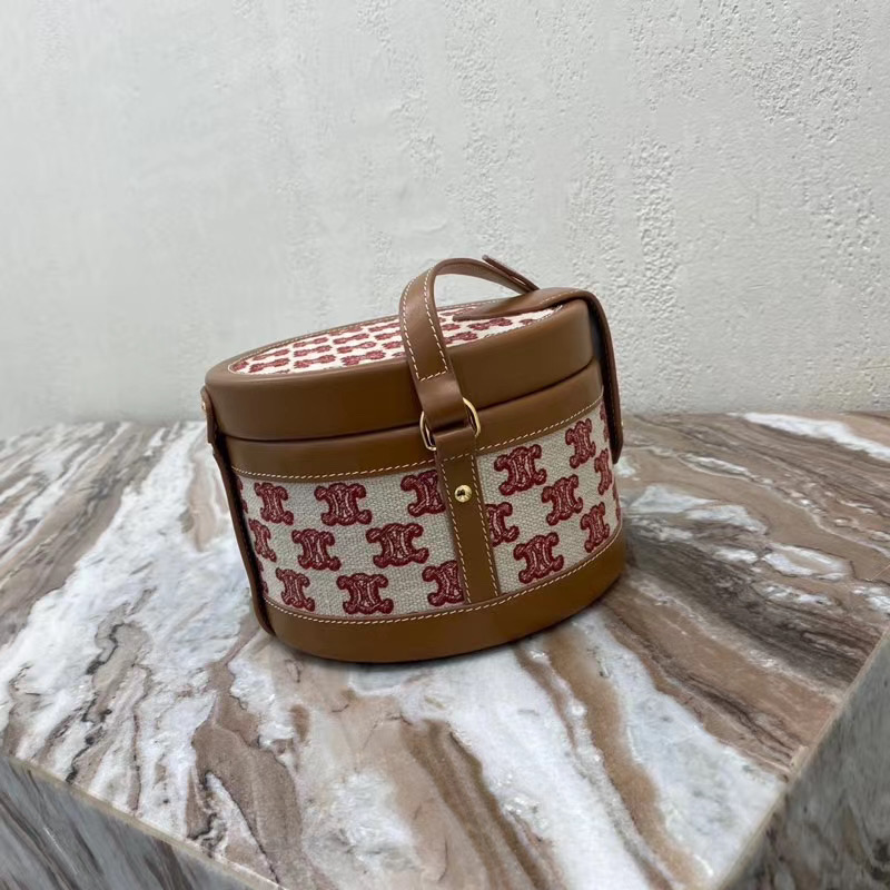 CELINE MEDIUM TAMBOUR BAG IN TEXTILE WITH TRIOMPHE EMBROIDERY 195192 brown&red