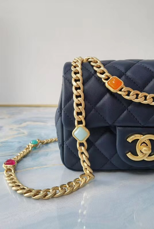 Chanel flap bag Lambskin Resin & Gold-Tone Metal AS2379 dark blue