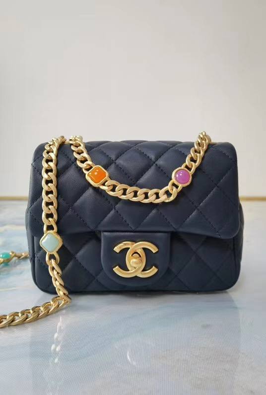 Chanel flap bag Lambskin Resin & Gold-Tone Metal AS2379 dark blue