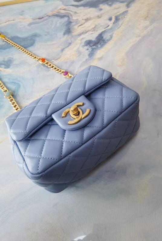 Chanel flap bag Lambskin Resin & Gold-Tone Metal AS2379 sky blue