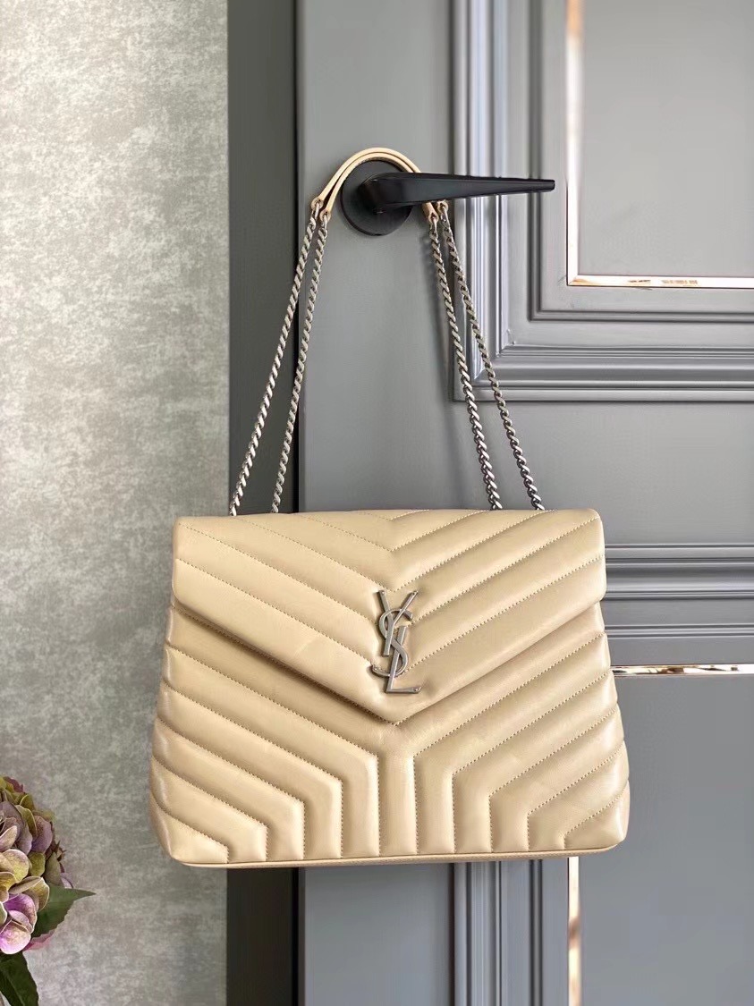SAINT LAURENT LOULOU MEDIUM IN MATELASSE LEATHER 459749 IVORY NATURAL&Ancient silver