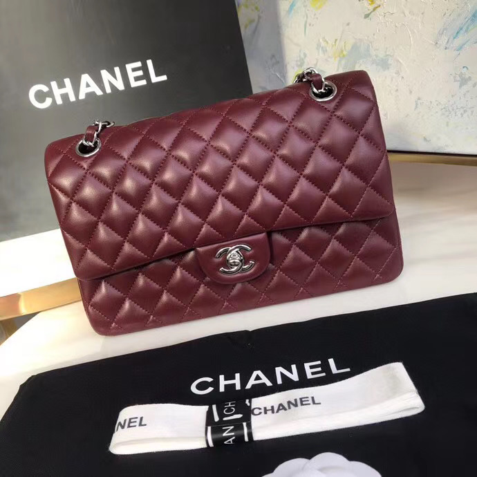 chanel classic handbag Lambskin & silver Metal A01112 Burgundy