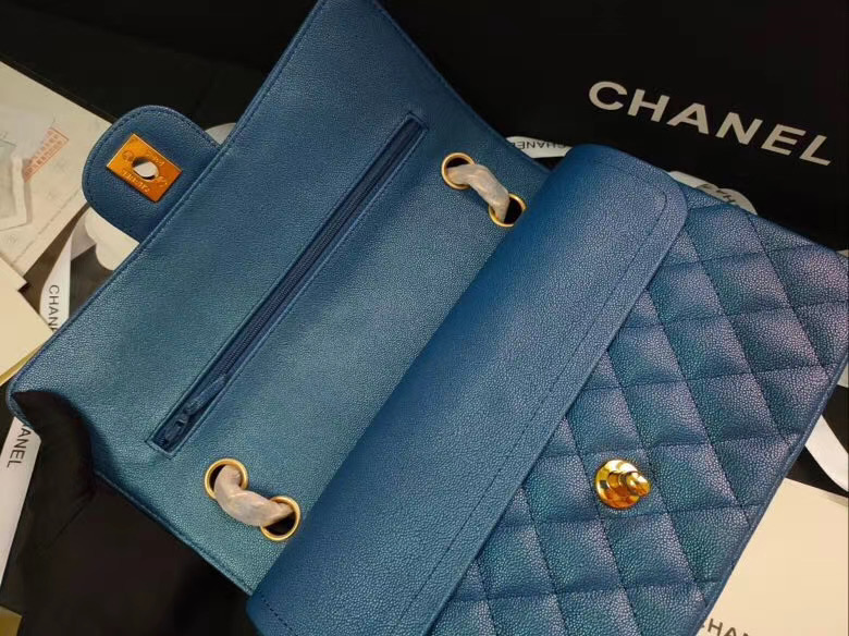 chanel flap bag Iridescent Grained Calfskin&Gold-Tone AS1112 blue