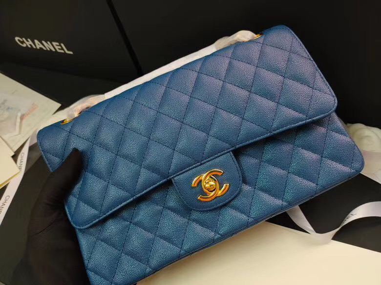 chanel flap bag Iridescent Grained Calfskin&Gold-Tone AS1112 blue