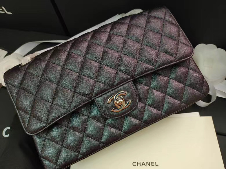 chanel flap bag Iridescent Grained Calfskin&Gold-Tone AS1112 black