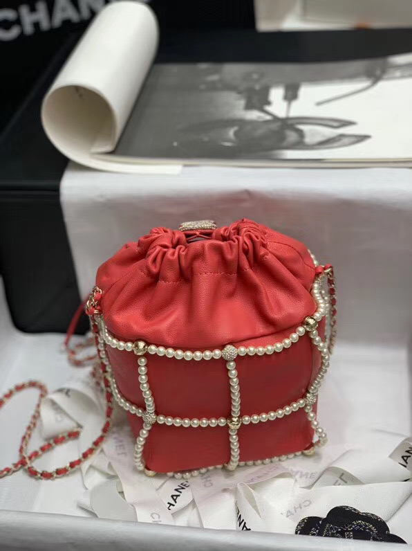 Chanel drawstring bag Lambskin & Gold Metal AS2388 red