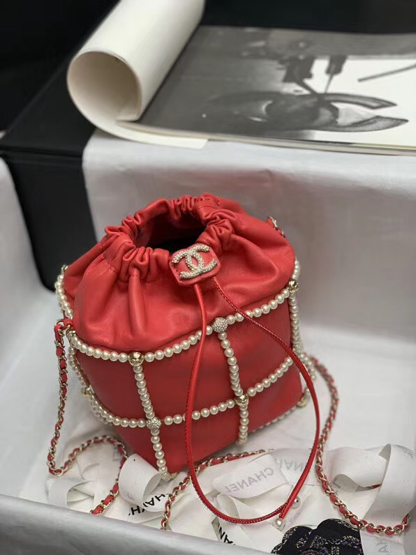 Chanel drawstring bag Lambskin & Gold Metal AS2388 red