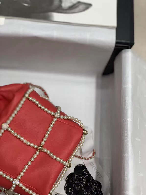 Chanel drawstring bag Lambskin & Gold Metal AS2388 red