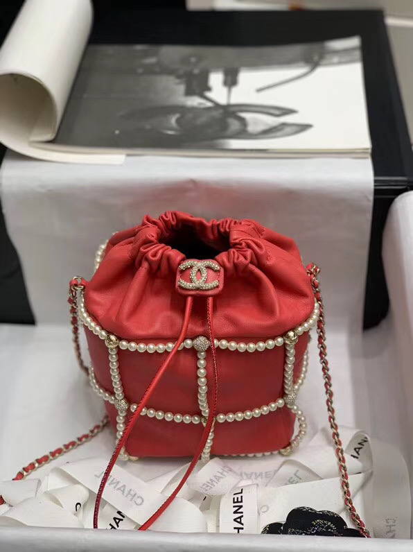Chanel drawstring bag Lambskin & Gold Metal AS2388 red