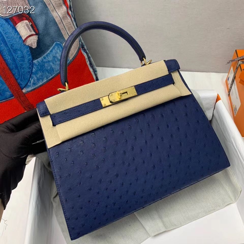 Hermes Kelly Bag Original Leather Ostrich Skin H5600 Dark Blue