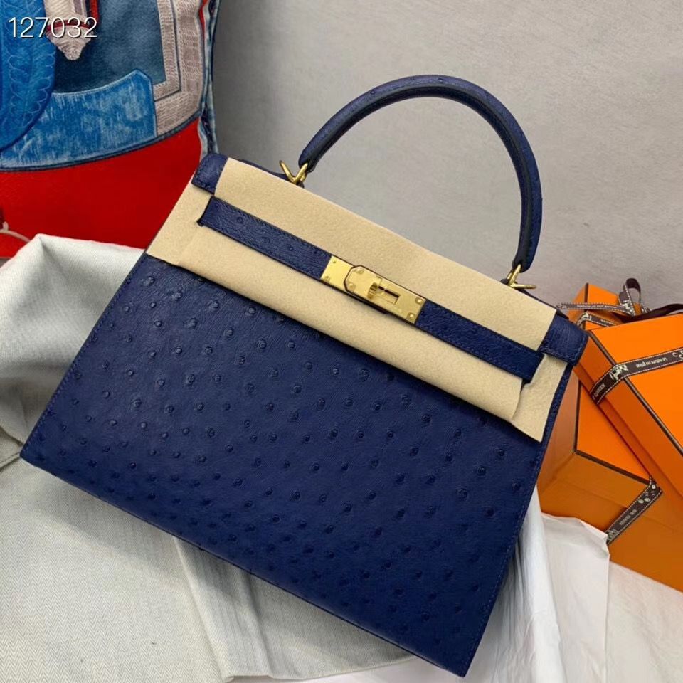  Hermes  Kelly Bag Original Leather Ostrich Skin H5600 Dark Blue