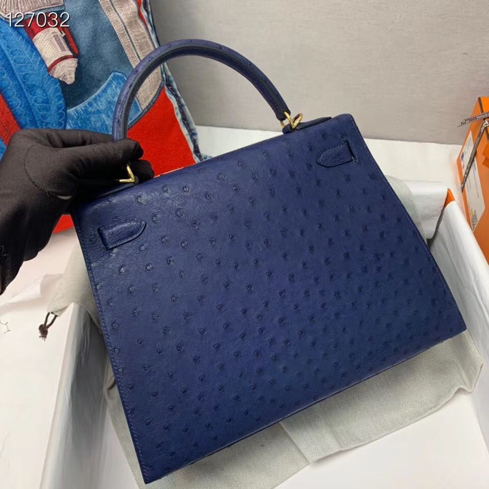  Hermes  Kelly Bag Original Leather Ostrich Skin H5600 Dark Blue