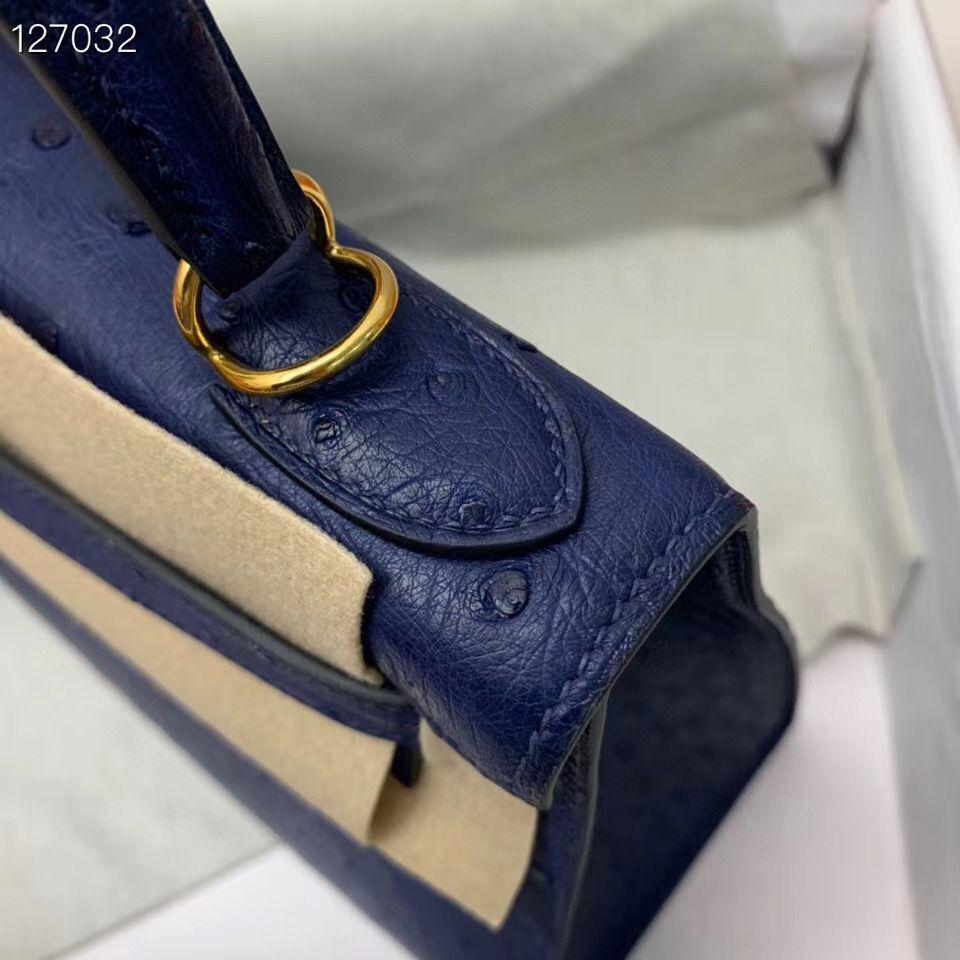  Hermes  Kelly Bag Original Leather Ostrich Skin H5600 Dark Blue