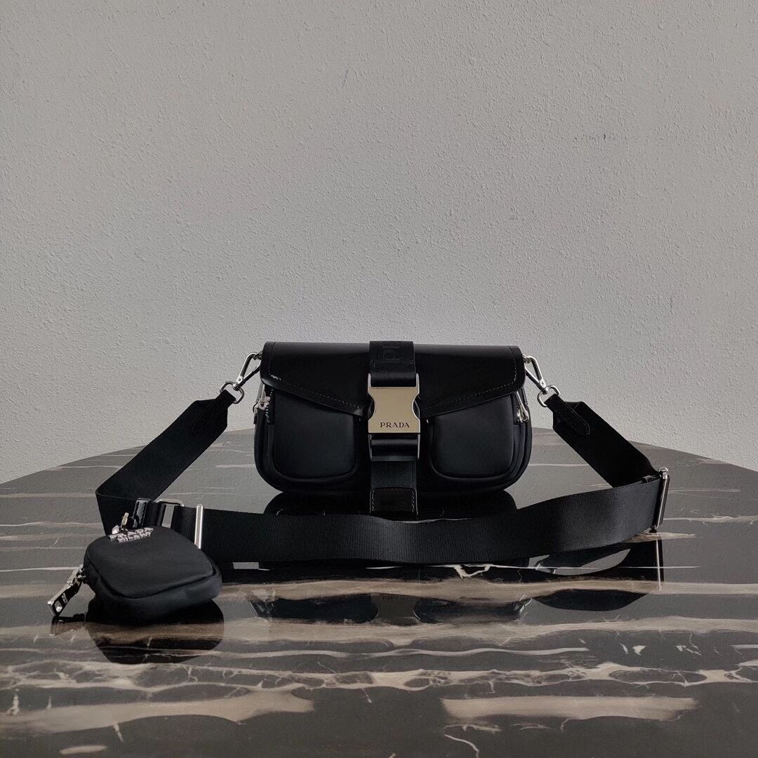 Prada Pocket nylon and brushed leather bag 1BD295 black