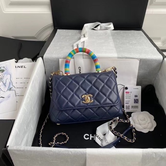 chanel mini flap bag with top handle AS2215 Navy Blue