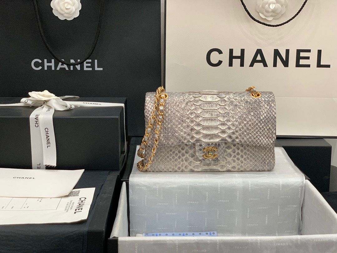 Chanel Classic Handbag Python Leather Silver A01112 Gold Hardware