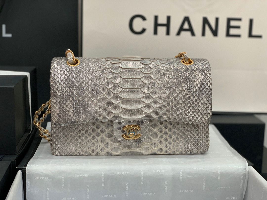 Chanel Classic Handbag Python Leather Silver A01112 Gold Hardware