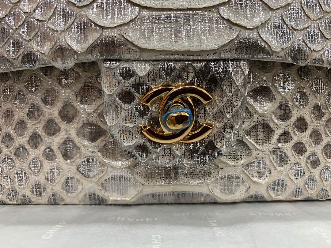 Chanel Classic Handbag Python Leather Silver A01112 Gold Hardware