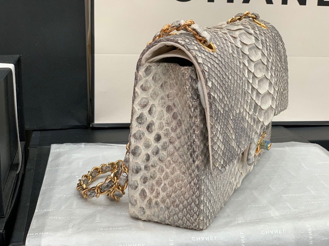 Chanel Classic Handbag Python Leather Silver A01112 Gold Hardware