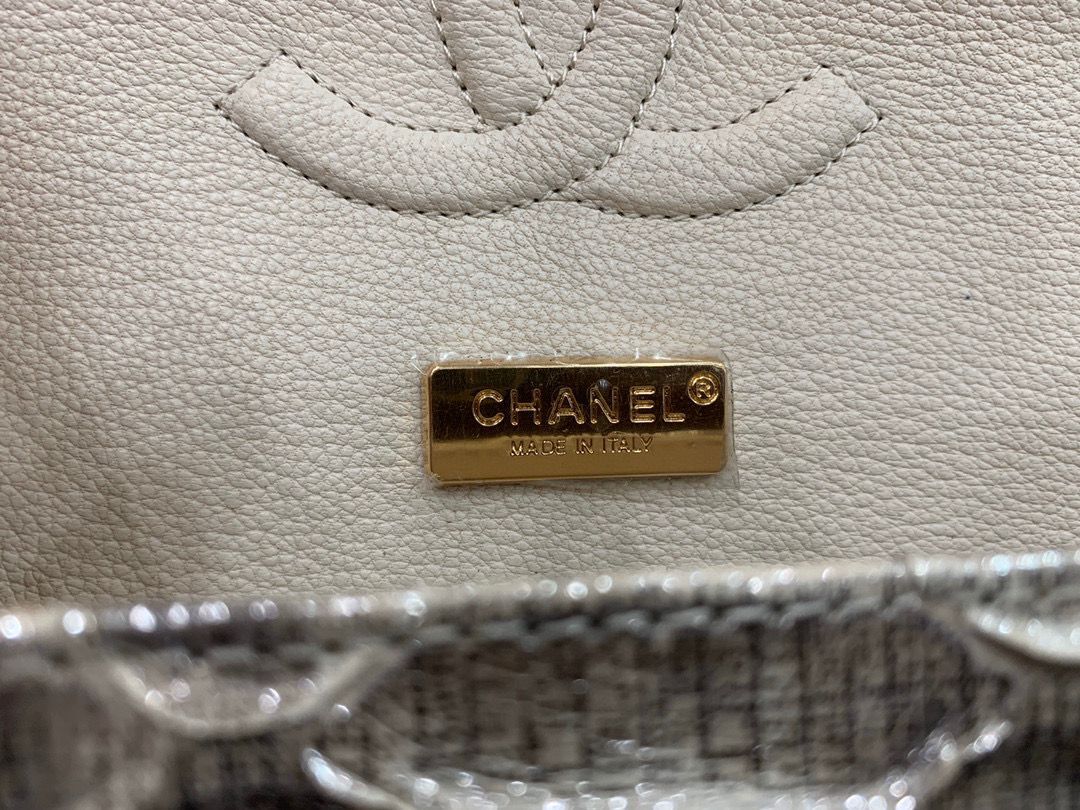 Chanel Classic Handbag Python Leather Silver A01112 Gold Hardware