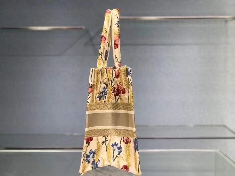 SMALL DIOR BOOK TOTE Beige Multicolor Dior Hibiscus Metallic Thread Embroidery M1296