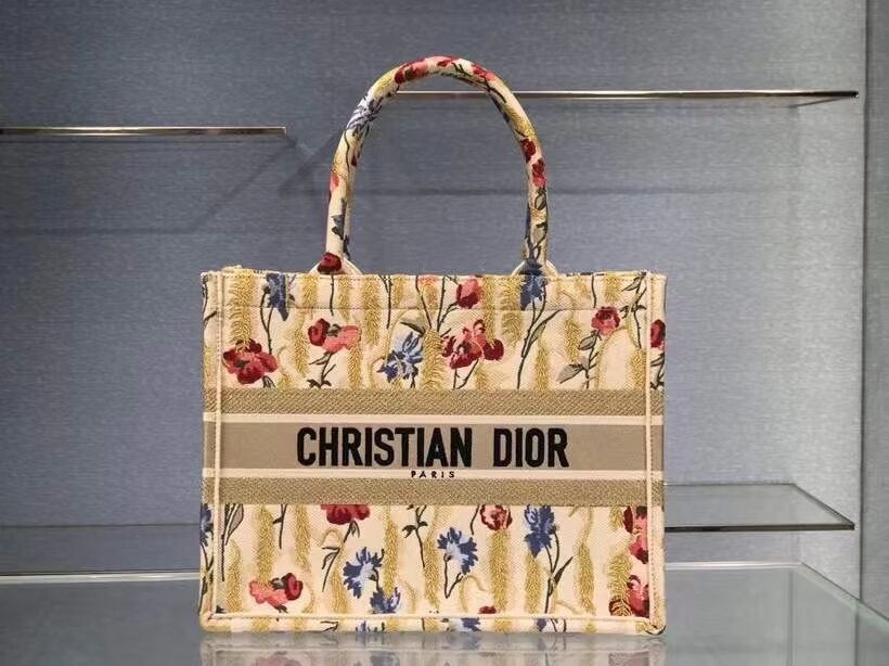 SMALL DIOR BOOK TOTE Beige Multicolor Dior Hibiscus Metallic Thread Embroidery M1296